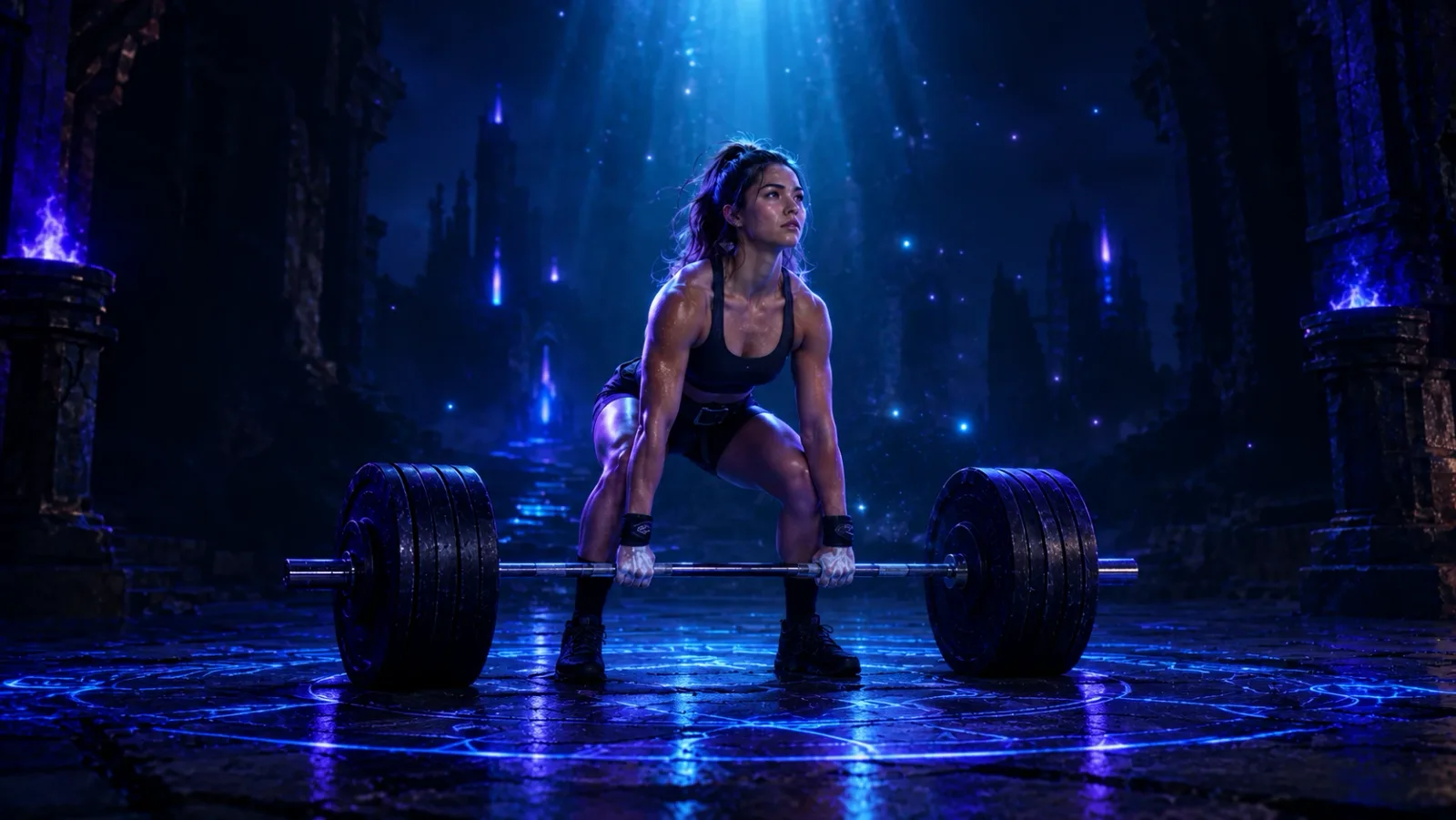 A woman setting up for a deadlift with a loaded barbell in a dark fantasy stone hall, a cyan light beam and glowing runes around her