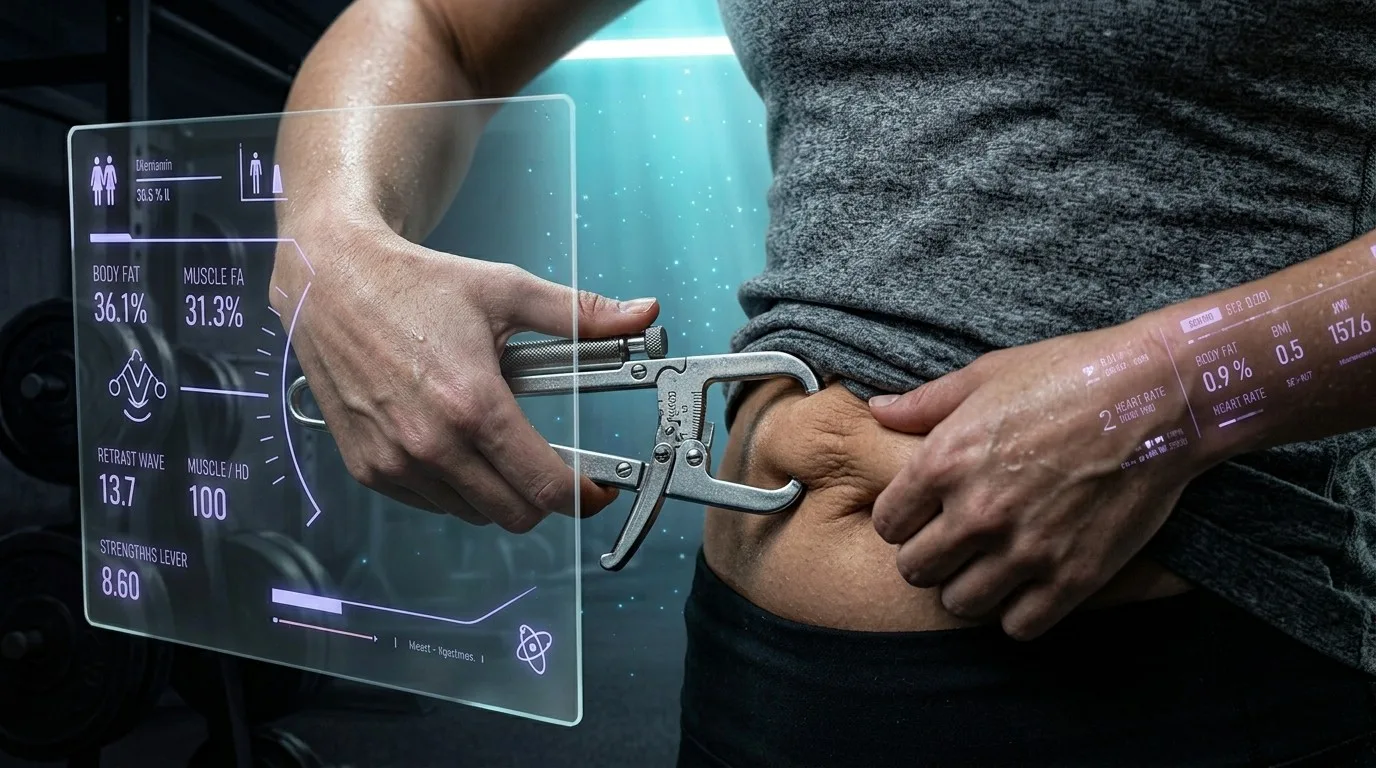 A person pinching a skinfold at the waist with a silver body fat caliper, holographic body-stat readouts floating beside them in a dark gym